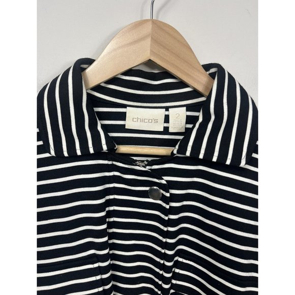 Chicos Sweatshirt Jacket Womens Size 2 Black White Stripe Zip Up Belt Collar L - Picture 3 of 10